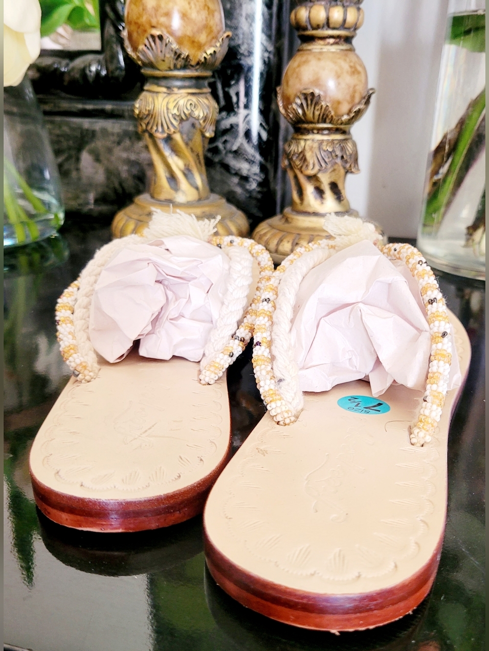 Free People Menorca Boho Braided Tassel Thong Sandals Cream Leather US 7-7.5 - Picture 9 of 16